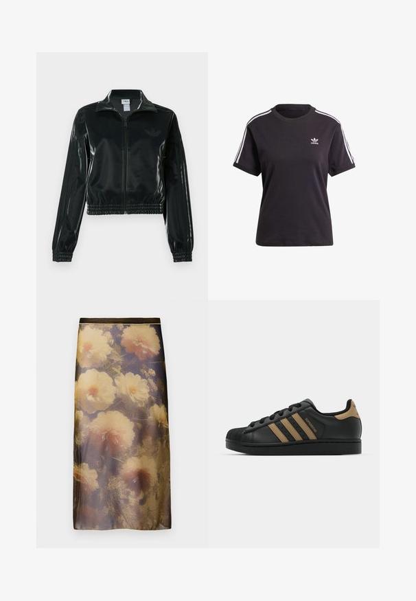 Svart glansig kort jacka med dragkedja framtill, hög krage och elastisk nederkant. Har tre ränder på ärmarna och en liten logga på bröstet.; Svart bomullst-shirt med kort ärm och rund halsringning, prydd med vita ränder på axlarna och en liten vit Adidas-logotyp på bröstet.; Blommig midi kjol i lätt tyg; har gula och rosa blommor på en blå bakgrund; svart midjeband med guldtrim.; Svart lädersneaker med tre bruna ränder, texturerad gummitå, snörning framtill och platt svart sula. Har en diskret logotyp på hälen.