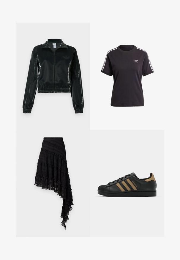 Must läikiv lühike jakk lukuga esiküljel, kõrge krae ja elastse äärega. Varrukatel on kolm triipu ja rinnal väike logo.; Must kõrge kaelusega must puuvillane T-särk lühikeste varrukatega, millel on valged triibud õlgadel ja väike valge Adidas'i logo rinna peal.; Must värvi asümmeetriline seelik tekstuuriga kortsude, kihilise volangiga ja kokku tõmmatud vöökoht. Kerge kangas, millel on läbipaistev viimistlus.; Must have nahkkingad, millel on kolm pruuni triipu, tekstuuriga kummine varvas, paelad ees ja lame must tald. Sobilikult on kanna peal diskreetne logo.