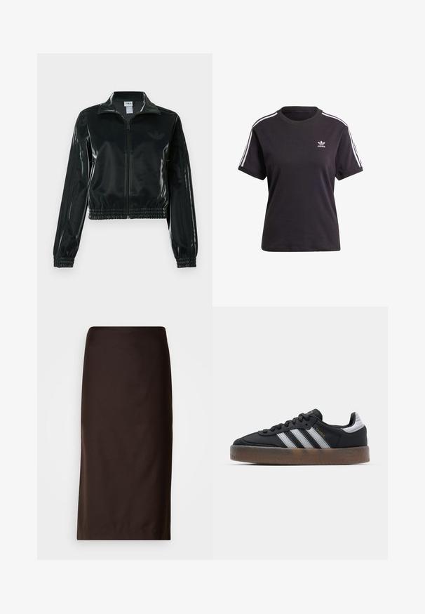 Must läikiv lühike jakk lukuga esiküljel, kõrge krae ja elastse äärega. Varrukatel on kolm triipu ja rinnal väike logo.; Must kõrge kaelusega must puuvillane T-särk lühikeste varrukatega, millel on valged triibud õlgadel ja väike valge Adidas'i logo rinna peal.; Pruun seelik, põlvepikkune, valmistatud siledast kangast. Omab lihtsat disaini, ilma nähtavate mustrite või kaunistusteta.; Mustad mustad tossud, millel on peen disain, kolme valge triibuga, must keel ja tekstureeritud pruun kummist sisetald. Kuldsed kirjatrükise aktsendid.