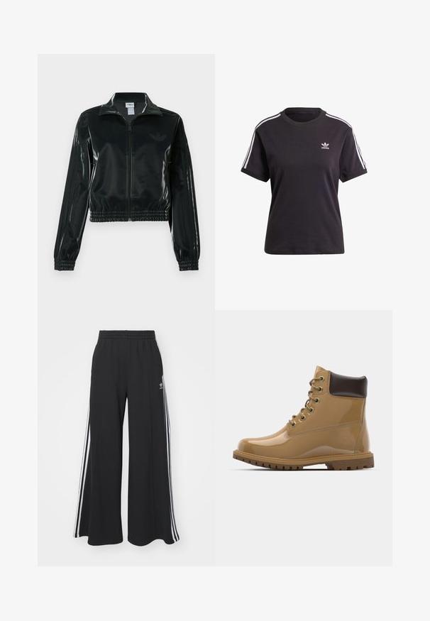 Melna spīdīga īsā jaka ar rāvējslēdzēja priekšpusi, augstu apkakli un elastīgu apakšu. Piedevas ir trīs svītras uz piedurknēm un neliels logotips uz krūtīm.; Melna kokvilnas t-krekls ar īsām piedurknēm un apaļu kakla izgriezumu, ar baltām svītrām uz pleciem un mazu baltu Adidas logo uz krūtīm.; Melnas plašas sporta bikses ar elastīgu jostasvietu, kurām ir baltas sānu svītras un izšūts logo kreisajā augšstilbā.; Tumši patentēta ādas potītes zābaki ar brūniem akcentiem, apaļa purngala forma, seši metāla acu caurumi, brūnas šņores un teksturēta gumijas zole.