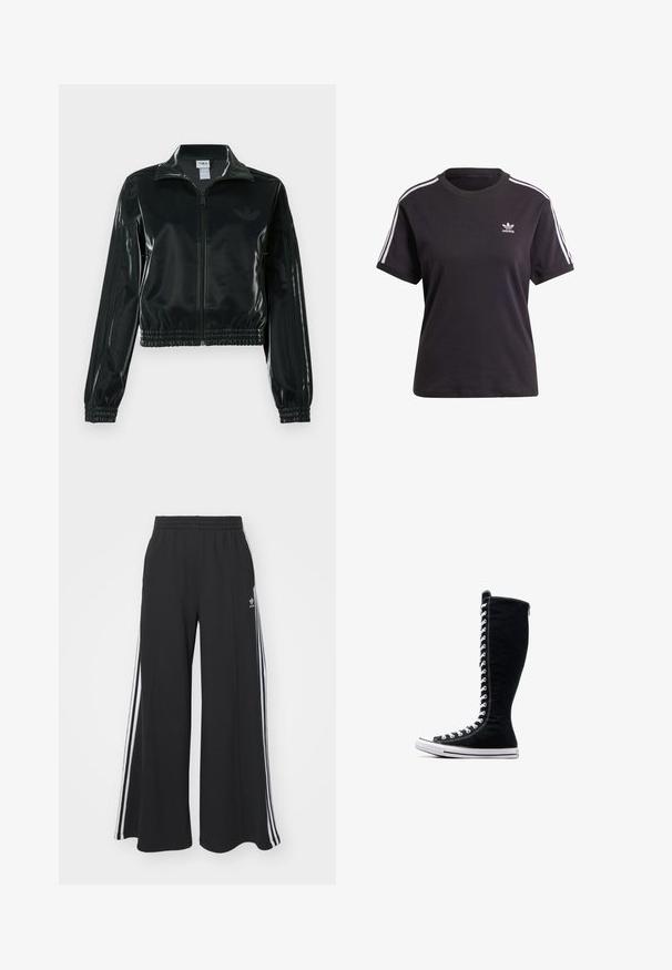 Svart glansig kort jacka med dragkedja framtill, hög krage och elastisk nederkant. Har tre ränder på ärmarna och en liten logga på bröstet.; Svart bomullst-shirt med kort ärm och rund halsringning, prydd med vita ränder på axlarna och en liten vit Adidas-logotyp på bröstet.; Svarta vida sweatpants med elastisk midje, med vita sidosträck och en broderad logotyp på vänster lår.; Svarta högskaftade sneakers med en hög design, tillverkade av kanvas. Har vita snören, sömmar och en gummisula med en tåskydd.