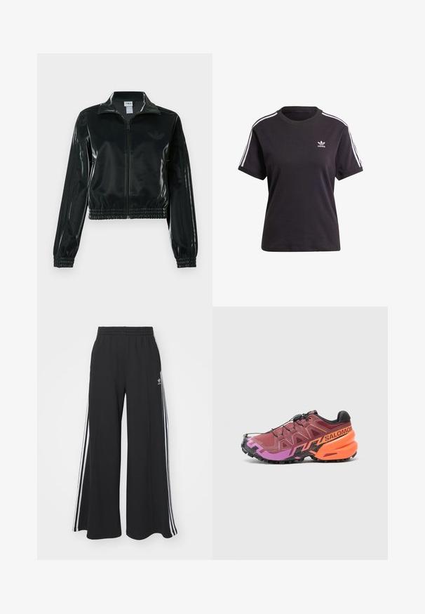 Melna spīdīga īsā jaka ar rāvējslēdzēja priekšpusi, augstu apkakli un elastīgu apakšu. Piedevas ir trīs svītras uz piedurknēm un neliels logotips uz krūtīm.; Melna kokvilnas t-krekls ar īsām piedurknēm un apaļu kakla izgriezumu, ar baltām svītrām uz pleciem un mazu baltu Adidas logo uz krūtīm.; Melnas plašas sporta bikses ar elastīgu jostasvietu, kurām ir baltas sānu svītras un izšūts logo kreisajā augšstilbā.; Skriešanas apavi ar maroon, violetu un melnu dizainu, teksturētu uzpusi un izteiktām oranžām akcentiem uz papēža.