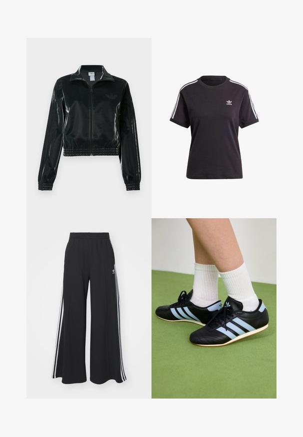 Sort blank cropped jakke med glidelås foran, høy krage og elastisk nederkant. Har tre striper på ermene og en liten logo på brystet.; Svart bomull T-skjorte med kort erme og rund hals, med hvite striper på skuldrene og en liten hvit Adidas-logo på brystet.; Svart vide joggebukser med elastisk midjebånd, med hvite sidestriper og brodert logo på venstre lår.; Svarte lær atletiske sko med lyseblå striper, teksturerte overflater og gummisåler, sammen med hvite ribbede sokker på grønt gulv.
