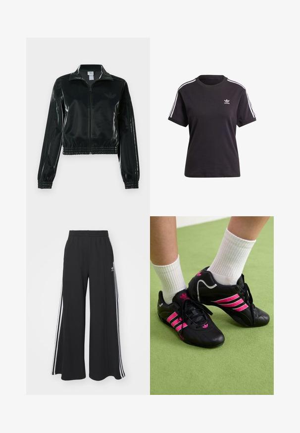 Chaqueta corta negra brillante con cremallera en el frente, cuello alto y dobladillo elástico. Presenta tres rayas en las mangas y un pequeño logo en el pecho.; Camiseta de algodón negra de manga corta con cuello redondo, que presenta rayas blancas en los hombros y un pequeño logo blanco de Adidas en el pecho.; Pantalones de chándal negros de pierna ancha con una cinturilla elástica, que presentan franjas blancas a los lados y un logo bordado en el muslo izquierdo.; Zapatillas deportivas negras con tres franjas rosas, parte superior de cuero texturizado, cordones negros y detalle del logo, combinadas con calcetines blancos acanalados sobre una superficie verde.