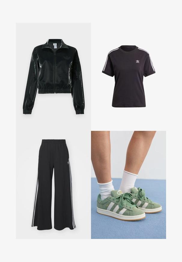 Casaco curto preto brilhante com fecho de correr frontal, gola alta e bainha elástica. Apresenta três riscas nas mangas e um pequeno logotipo no peito.; T-shirt preto de algodão de mangas curtas com gola redonda, apresentando riscas brancas nos ombros e um pequeno logotipo branco da Adidas no peito.; Calças de suor largas e pretas com uma cintura elástica, apresentando riscas brancas nas laterais e um logótipo bordado na coxa esquerda.; Sapatilhas verdes em camurça com riscas brancas. Apresentam atacadores redondos, uma língua texturizada e um logótipo circular na língua.