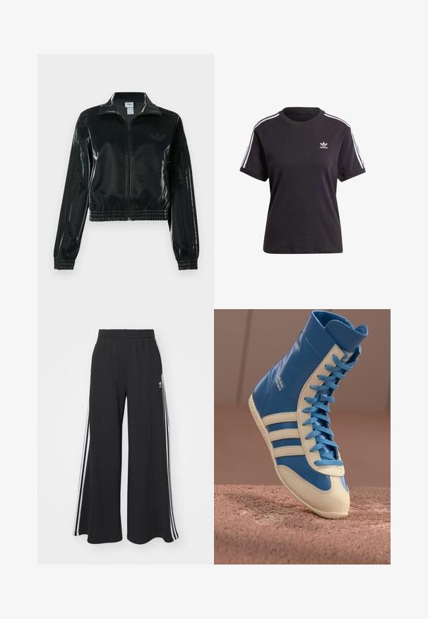 Sort blank cropped jakke med glidelås foran, høy krage og elastisk nederkant. Har tre striper på ermene og en liten logo på brystet.; Svart bomull T-skjorte med kort erme og rund hals, med hvite striper på skuldrene og en liten hvit Adidas-logo på brystet.; Svart vide joggebukser med elastisk midjebånd, med hvite sidestriper og brodert logo på venstre lår.; Høye sneakers i blå og kremfarget lær, med en teksturert såle, kontrasterende snørebånd og tre signaturstriper på siden.