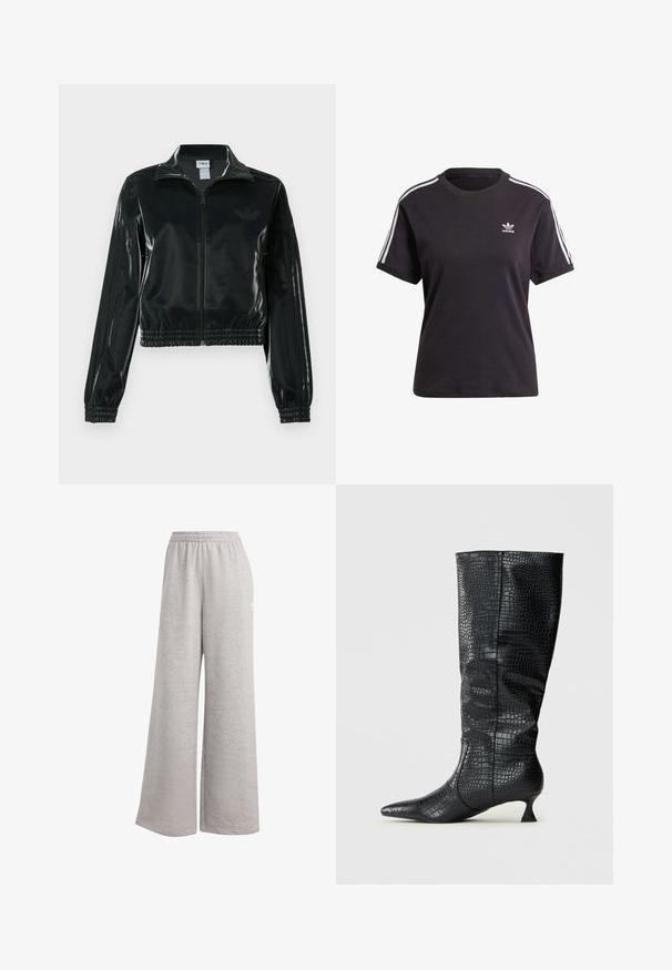 Czarna błyszcząca krótka kurtka na zamek błyskawiczny z przodu, z wysokim kołnierzem i elastycznym wykończeniem na dole. Na rękawach znajdują się trzy paski, a na piersi małe logo.; Czarny bawełniany t-shirt z krótkim rękawem i okrągłym dekoltem, z białymi paskami na ramionach oraz małym białym logo Adidasa na piersi.; Jasnoszare dresy w luźnym kroju, z elastycznym paskiem w talii i miękką teksturą. Posiadają subtelne logo z jednej strony. Casualowy design.; Kozaki czarne z sztucznej skóry sięgające do kolan, z błyszczącą teksturą krokodyla, spiczastym noskiem i smukłym, kanciastym obcasem. Klasyczny design i elegancka sylwetka.