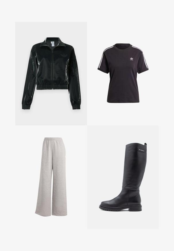 Black glossy cropped jacket with a zip front, high collar, and elasticized hem. Features three stripes on sleeves and a small logo on the chest.; Black cotton short-sleeve t-shirt with round neck, featuring white stripes on shoulders and a small white Adidas logo on the chest.; Light grey sweatpants with a loose fit, elastic waistband, and soft texture. Features subtle branding on one side. Casual design.; Tall black leather boot with low block heel, lug sole, and a small rectangular label near the top displaying the brand name.