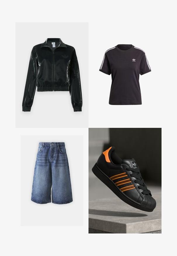 Črno, sijočo kratko jakno z zadrgo spredaj, visokim ovratnikom in elastičnim spodnjim robom. Na rokavih so tri črte, na prsih pa majhen logotip.; Črna bombažna kratkotrajna majica s kratkimi rokavi in okroglim izrezom, ki ima bele črte na ramenih in majhno belo Adidasovo logo na prsih.; Denimske kratke hlače v svetlo do temno modrem prehodu z klasičnim pet-pocket oblikovanjem, zaključene z gumbnim zapiranjem in širokimi nogami.; Črne športne copate z oranžnimi akcenti, tremi vodoravnimi črtami, zgornjim delom iz teksturirane usnjene tkanine, gumijastim zaščitnim pokrovom za prste in črnimi vezalkami.