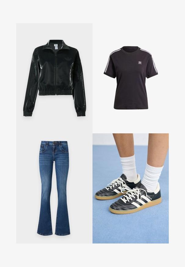 Melna spīdīga īsā jaka ar rāvējslēdzēja priekšpusi, augstu apkakli un elastīgu apakšu. Piedevas ir trīs svītras uz piedurknēm un neliels logotips uz krūtīm.; Melna kokvilnas t-krekls ar īsām piedurknēm un apaļu kakla izgriezumu, ar baltām svītrām uz pleciem un mazu baltu Adidas logo uz krūtīm.; Izflīsušas zila denim bikses ar vidēju mazgāšanu, piedāvājot klasisku piecu kabatu dizainu, smalku nodilumu un pastiprinātām šuvēm.; Melnas ādas sporta apavus ar baltām svītrām, apaļu purngalu, baltām auklām un gumijas zoli. Izceļas ar mīksto apkakli un zīmola detaļām.