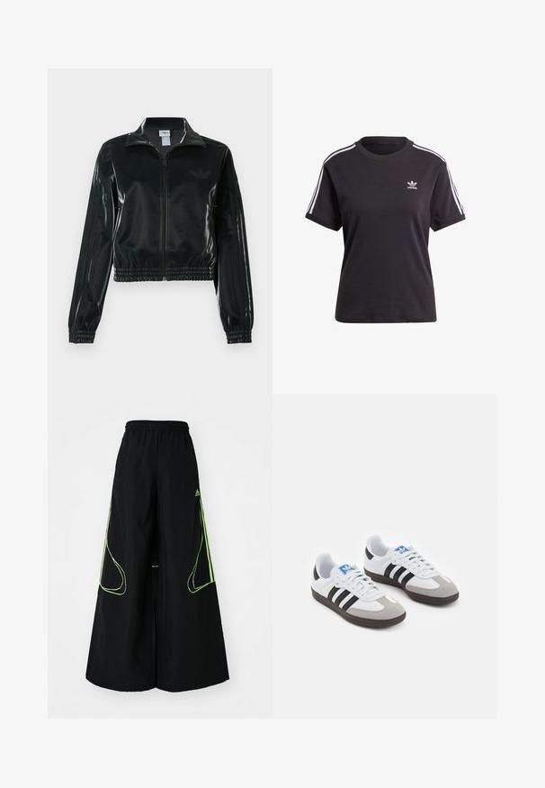 Casaco curto preto brilhante com fecho de correr frontal, gola alta e bainha elástica. Apresenta três riscas nas mangas e um pequeno logotipo no peito.; T-shirt preto de algodão de mangas curtas com gola redonda, apresentando riscas brancas nos ombros e um pequeno logotipo branco da Adidas no peito.; adidas Originals TEAMGEIST ADICOLOR OVERSIZED - Calças de fato de treino - black/signal green; Ténis desportivos com um cabedal em pele branca, biqueira em camurça cinza e três riscas pretas. Apresenta um logo azul na língua e uma sola de borracha texturizada.