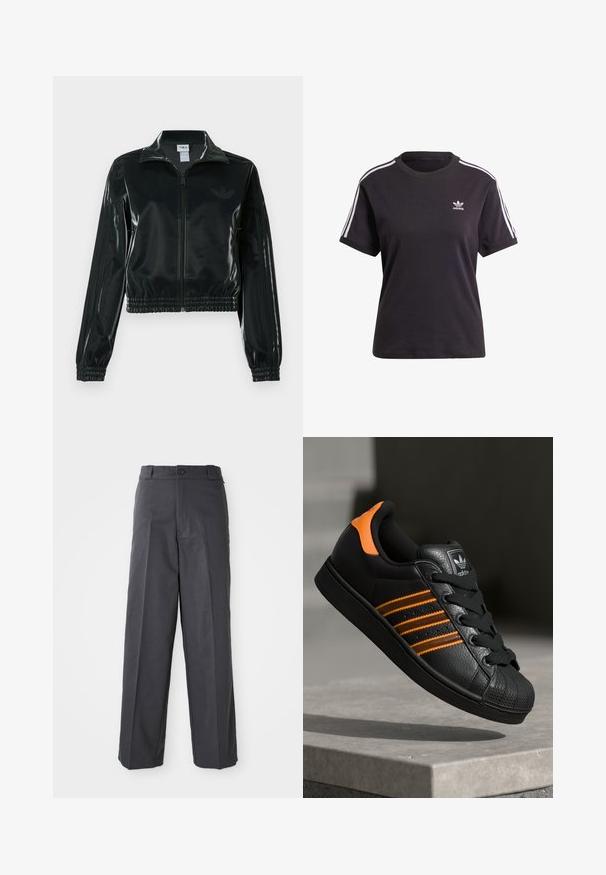 Casaco curto preto brilhante com fecho de correr frontal, gola alta e bainha elástica. Apresenta três riscas nas mangas e um pequeno logotipo no peito.; T-shirt preto de algodão de mangas curtas com gola redonda, apresentando riscas brancas nos ombros e um pequeno logotipo branco da Adidas no peito.; Calças cinzas escuras com um design de perna reta, apresentando um fecho de botão único, passadores de cinto e um tecido liso e texturizado.; Sapatilha preta com detalhes laranja, três riscas horizontais, parte superior em couro texturizado, bico de borracha e atacadores pretos.