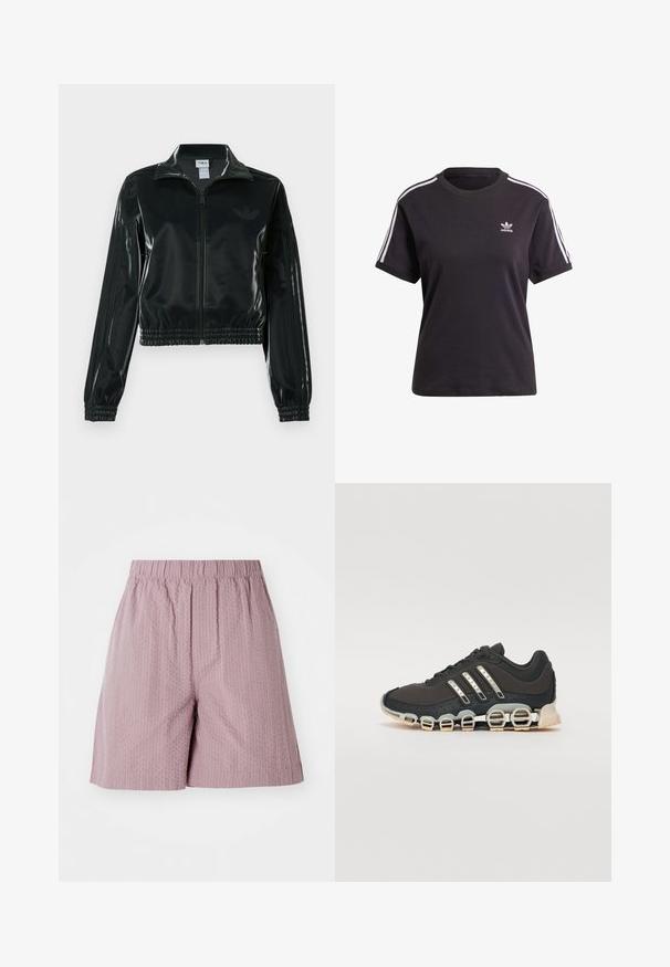 Sort, glinsende cropped jakke med lynlås foran, høj krave og elastisk kant. Har tre striber på ærmerne og et lille logo på brystet.; Sort bomulds t-shirt med korte ærmer og rund hals, der har hvide striber på skuldrene og et lille hvidt Adidas-logo på brystet.; Lyserøde shorts lavet af tekstureret stof med elastisk talje og lige snit. Har et diskret mønster og en ren kant.; Sort træningssko med en tekstureret overdel, tre sølvstriber og en karakteristisk støttende sål med flere integrerede sektioner.