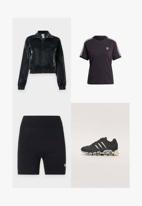 Black glossy cropped jacket with a zip front, high collar, and elasticized hem. Features three stripes on sleeves and a small logo on the chest.; Black cotton short-sleeve t-shirt with round neck, featuring white stripes on shoulders and a small white Adidas logo on the chest.; Black high-waist athletic shorts with wide elastic waistband and small white Adidas logo on lower right leg.; Black athletic shoe with a textured upper, three silver stripes, and a distinctive cushioning sole featuring multiple integrated sections.
