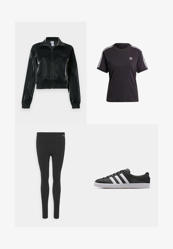 Juoda blizgi trumpa striukė su užtrauktuku priekyje, aukštu apykakliu ir elastine apačia. Rankovėse trys dryžiai ir mažas logotipas ant krūtinės.; Juodas medvilninis trumpa rankovėmis marškinėliai su apvalia iškirpte, su baltais dryžiais ant pečių ir maža balta Adidas logo ant krūtinės.; Juodi legginsai su plačiu juosmeniu, pagaminti iš lygaus, tamprumo turinčio audinio. Aptemptas dizainas, be dekoracijų ar raštų.; Juodos odinės sportinės bateliai su baltu trimis juostelėmis, apvaliu pirštu, plokščiu baltu guminio pado ir prekės ženklo detale šone.