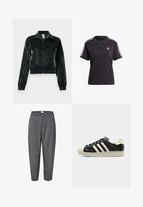 Black glossy cropped jacket with a zip front, high collar, and elasticized hem. Features three stripes on sleeves and a small logo on the chest.; Black cotton short-sleeve t-shirt with round neck, featuring white stripes on shoulders and a small white Adidas logo on the chest.; Gray, tapered trousers made of textured fabric; features pleats and a smooth waistband with a concealed closure.; Black leather sneaker with white stripes, rubber toe cap, black laces, and a cream-colored outsole. Smooth texture with shiny finish.