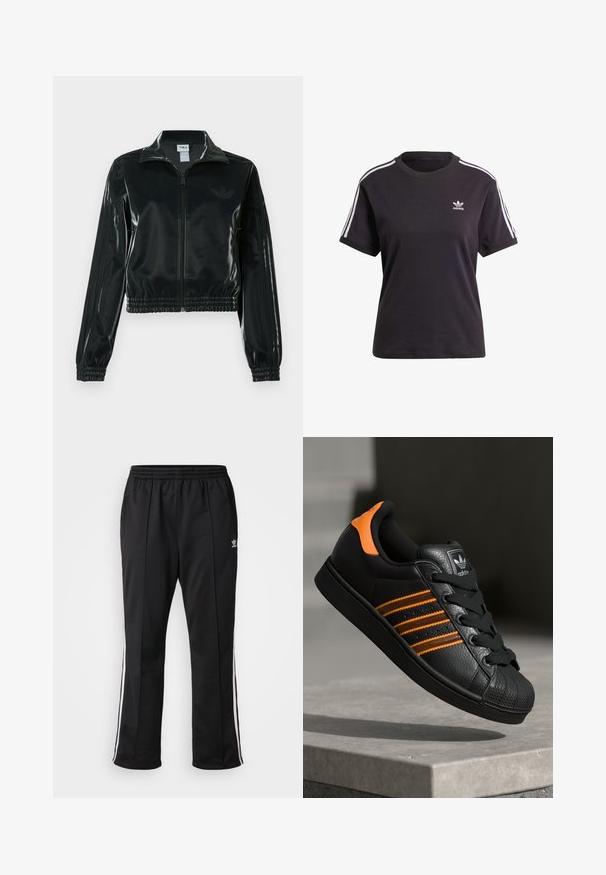 Black glossy cropped jacket with a zip front, high collar, and elasticized hem. Features three stripes on sleeves and a small logo on the chest.; Black cotton short-sleeve t-shirt with round neck, featuring white stripes on shoulders and a small white Adidas logo on the chest.; Black athletic pants with an elastic waistband, featuring white side stripes and a small logo on the left thigh. Smooth, polyester fabric.; Black sneaker with orange accents, three horizontal stripes, textured leather upper, rubber toe cap, and black laces.