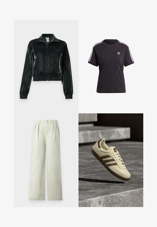 Must läikiv lühike jakk lukuga esiküljel, kõrge krae ja elastse äärega. Varrukatel on kolm triipu ja rinnal väike logo.; Must kõrge kaelusega must puuvillane T-särk lühikeste varrukatega, millel on valged triibud õlgadel ja väike valge Adidas'i logo rinna peal.; Heledad roheline laiad püksid, mis on valmistatud siledast kangast, millel on voldid, ühe nööbi vöökoht ja puhas lõige.; Kreemika värvi tossud pruuni värvuse ja tekstuursete külgtriipudega ning siledast nahast viimistlusega. Varustatud paeltega kinnituse ja kummist taldaga.