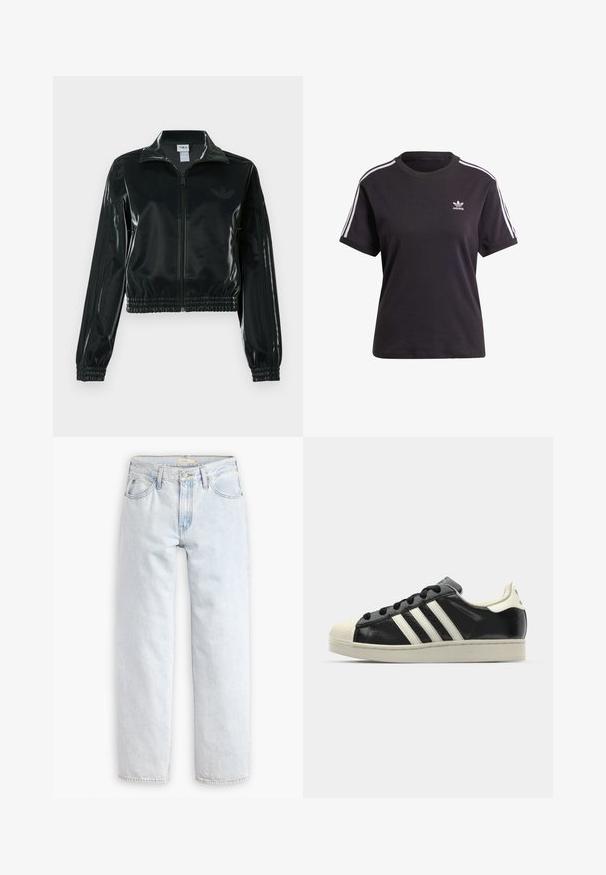 Fekete, fényes rövidített dzseki cipzárral az elején, magas gallérral és elasztikus szegéllyel. Három csík díszíti az ujjakat, és kis logó található a mellrészen.; Fekete pamut, rövid ujjú póló kerek nyakkal, fehér csíkokkal a vállakon és egy kis fehér Adidas logóval a mellkasán.; Világoskék, egyenes szárú farmernadrág magas derékkal, öt zsebbel, elülső gombos záródással és látható varrási részletekkel.; Fekete bőrsneaker fehér csíkokkal, gumírozott orral, fekete fűzővel és krém színű talppal. Simaság és fényes felület jellemzi.
