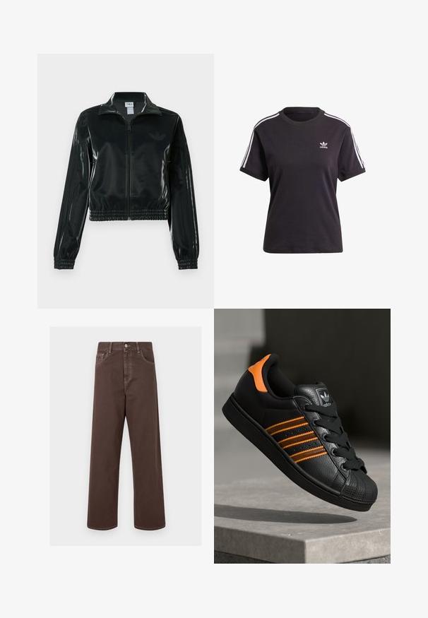 Czarna błyszcząca krótka kurtka na zamek błyskawiczny z przodu, z wysokim kołnierzem i elastycznym wykończeniem na dole. Na rękawach znajdują się trzy paski, a na piersi małe logo.; Czarny bawełniany t-shirt z krótkim rękawem i okrągłym dekoltem, z białymi paskami na ramionach oraz małym białym logo Adidasa na piersi.; Brązowe spodnie dżinsowe typu wide-leg z kontrastowym przeszyciem, pięcioma kieszeniami i metalowym zapięciem. Gładka struktura, prosty krój.; Czarne sneakersy z pomarańczowymi akcentami, trzema poziomymi paseczkami, skórzaną cholewką o teksturowanej powierzchni, gumowym noskiem i czarnymi sznurówkami.