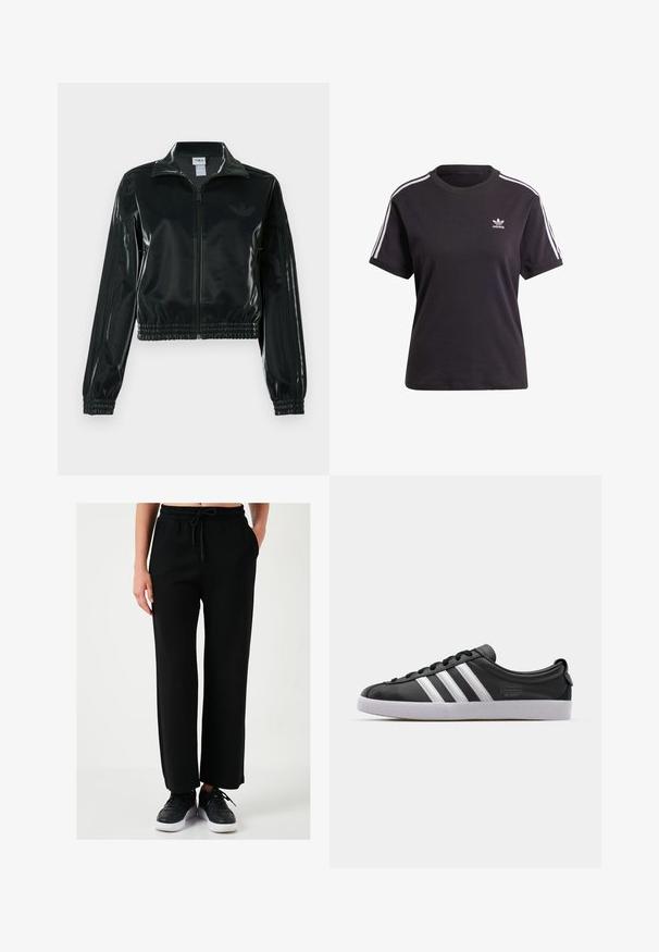 Svart glansig kort jacka med dragkedja framtill, hög krage och elastisk nederkant. Har tre ränder på ärmarna och en liten logga på bröstet.; Svart bomullst-shirt med kort ärm och rund halsringning, prydd med vita ränder på axlarna och en liten vit Adidas-logotyp på bröstet.; Svarta vida byxor i mjukt tyg, med elastisk midja och dragsko, sidofickor och en slät yta.; Svarta lädersneakers med vit tre-stripesdesign, rund tå, platt vit gummisula och varumärkesdetalj på sidan.