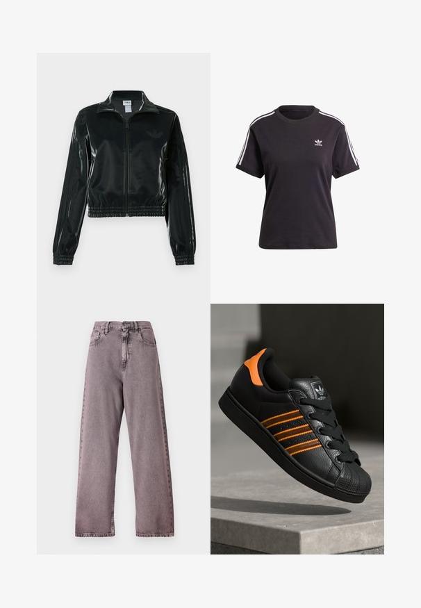 Jachetă neagră lucioasă, scurtă, cu fermoar frontal, guler înalt și tiv elastic. Are trei dungi pe mâneci și un mic logo pe piept.; Tricou scurt din bumbac negru, cu mânecă scurtă și guler rotund, având dungi albe pe umeri și un mic logo Adidas alb pe piept.; Jeans cu talie înaltă și croială largă din denim de un purpuriu deschis, cu închidere cu nasture, cinci buzunare și decolorări subtile pe cusături.; Adidași negri cu accente portocalii, trei dungi orizontale, parte superioară din piele texturată, capac de cauciuc pentru vârf și șireturi negre.