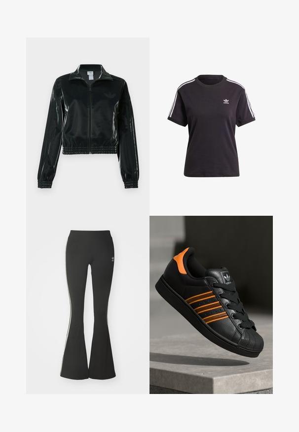 Melna spīdīga īsā jaka ar rāvējslēdzēja priekšpusi, augstu apkakli un elastīgu apakšu. Piedevas ir trīs svītras uz piedurknēm un neliels logotips uz krūtīm.; Melna kokvilnas t-krekls ar īsām piedurknēm un apaļu kakla izgriezumu, ar baltām svītrām uz pleciem un mazu baltu Adidas logo uz krūtīm.; Melnas platas bikses no stiepjo auduma ar augstu jostasvietu un baltām sānu svītrām. Iekļauta neliela logo uz jostasvietas.; Melnas kedas ar oranžiem akcentiem, trīs horizontālas svītras, teksturēts ādas augšdaļa, gumijas purngala daļa un melnas auklas.
