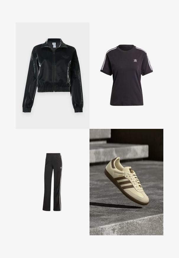 Casaco curto preto brilhante com fecho de correr frontal, gola alta e bainha elástica. Apresenta três riscas nas mangas e um pequeno logotipo no peito.; T-shirt preto de algodão de mangas curtas com gola redonda, apresentando riscas brancas nos ombros e um pequeno logotipo branco da Adidas no peito.; Calças atléticas pretas com um corte solto, apresentando riscas brancas nas laterais e uma cintura elástica. Inclui um pequeno detalhe de logótipo de lado.; Ténis cor creme com detalhes castanhos, riscas laterais texturizadas e acabamento em couro liso. Apresenta um design com atacadores e sola de borracha.
