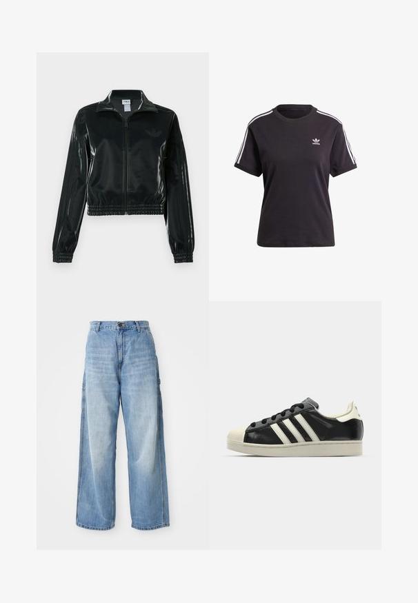 Jachetă neagră lucioasă, scurtă, cu fermoar frontal, guler înalt și tiv elastic. Are trei dungi pe mâneci și un mic logo pe piept.; Tricou scurt din bumbac negru, cu mânecă scurtă și guler rotund, având dungi albe pe umeri și un mic logo Adidas alb pe piept.; Jeansi largi de culoare albastru deschis cu talie înaltă, având buzunare laterale și o textură uzată, confecționați din material denim.; Sneaker din piele neagră cu dungi albe, vârf din cauciuc, șireturi negre și talpă de culoare crem. Textură netedă cu finisaj strălucitor.