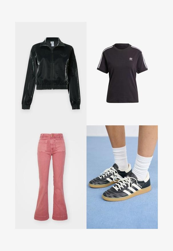 Zwarte glanzende cropped jas met een ritssluiting aan de voorkant, hoge kraag en elastische zoom. Voorzien van drie strepen op de mouwen en een klein logo op de borst.; Zwart katoenen t-shirt met korte mouwen en ronde hals, met witte strepen op de schouders en een klein wit Adidas-logo op de borst.; Wrangler FLARE - Flared Jeans - washed red; Zwarte leren sneakers met witte strepen, ronde neus, witte veters en een gumrubberen zool. Versterkt met een gevoerd kraag en merkdetails.