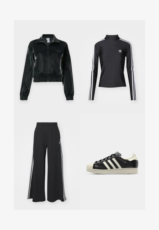 Sort blank cropped jakke med glidelås foran, høy krage og elastisk nederkant. Har tre striper på ermene og en liten logo på brystet.; Svart langermet topp med høy krage, laget av glatt stoff. Har hvite side-striper og en liten hvit logo på brystet.; Svart vide joggebukser med elastisk midjebånd, med hvite sidestriper og brodert logo på venstre lår.; Svarte skinnsneakers med hvite striper, gummitopp, svarte lisser og en kremfarget såle. Glatt tekstur med blank finish.