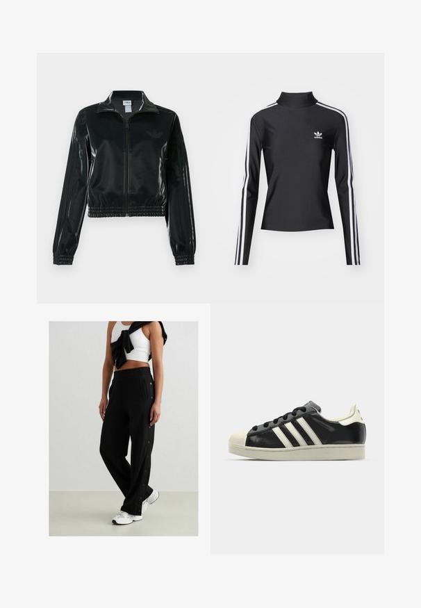 Veste courte noire brillante avec fermeture éclair à l'avant, col montant et ourlet élastiqué. Dotée de trois bandes sur les manches et d'un petit logo sur la poitrine.; Haut noir à manches longues avec un col montant, fabriqué dans un tissu lisse. Présente des bandes latérales blanches et un petit logo blanc sur la poitrine.; Pantalon de jogging noir avec boutons pression sur le côté, taille élastique et deux poches latérales. Le tissu semble doux avec une texture lisse.; Baskets en cuir noir avec des rayures blanches, embout en caoutchouc, lacets noirs et semelle extérieure crème. Texture lisse avec une finition brillante.