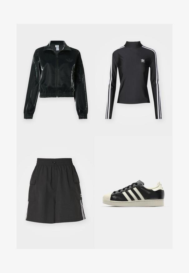 Fekete, fényes rövidített dzseki cipzárral az elején, magas gallérral és elasztikus szegéllyel. Három csík díszíti az ujjakat, és kis logó található a mellrészen.; Fekete, hosszú ujjú felső, magas gallérral, sima anyagból készült. Fehér oldalsávokkal és egy kis fehér logóval a mellen.; Fekete kapucnis nadrág könnyű anyagból, rugalmas derékkal, zsinóros záródással, oldalsó zsebekkel és fehér oldalsávokkal.; Fekete bőrsneaker fehér csíkokkal, gumírozott orral, fekete fűzővel és krém színű talppal. Simaság és fényes felület jellemzi.