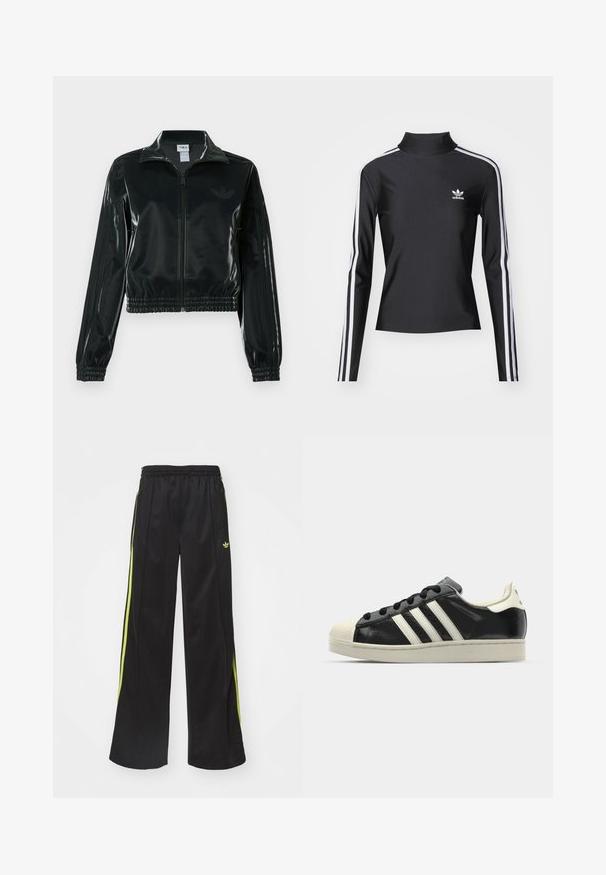 Melna spīdīga īsā jaka ar rāvējslēdzēja priekšpusi, augstu apkakli un elastīgu apakšu. Piedevas ir trīs svītras uz piedurknēm un neliels logotips uz krūtīm.; Melnā garām piedurknēm tops ar augstu apkakli, izgatavots no gludas auduma. Iezīmētas ar baltām sānu svītrām un mazu balto logotipu uz krūšu daļas.; Melni sporta bikses ar dzelteniem sānu svītrām, elastīgu jostu, plašu kāju dizainu un mazu logotipu akcentu augšējā kreisajā stūrī.; Melna ādas sporta apava ar baltām svītrām, gumijas purngala aizsardzību, melnām auklām un krēma krāsas zoli. Gluda tekstūra ar spīdīgu apdari.