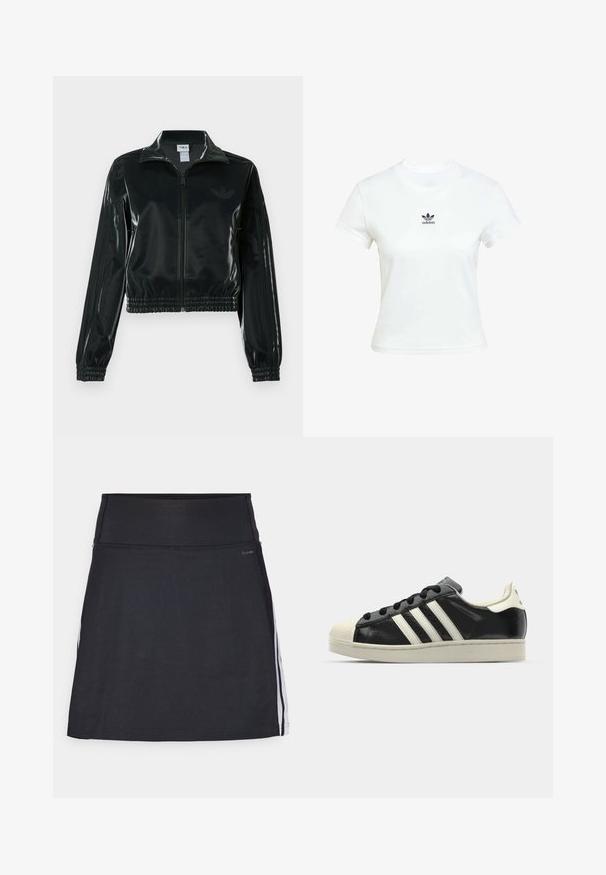 Chaqueta corta negra brillante con cremallera en el frente, cuello alto y dobladillo elástico. Presenta tres rayas en las mangas y un pequeño logo en el pecho.; Camiseta blanca de algodón con mangas cortas y cuello redondo. Presenta un logo negro de Adidas impreso en el pecho. Diseño simple y minimalista.; Skort atlético negro con cintura ancha, hecho de tela elástica. Presenta rayas laterales blancas y un acabado liso y sin costuras.; Zapatilla de cuero negro con rayas blancas, puntera de goma, cordones negros y suela color crema. Textura suave con acabado brillante.