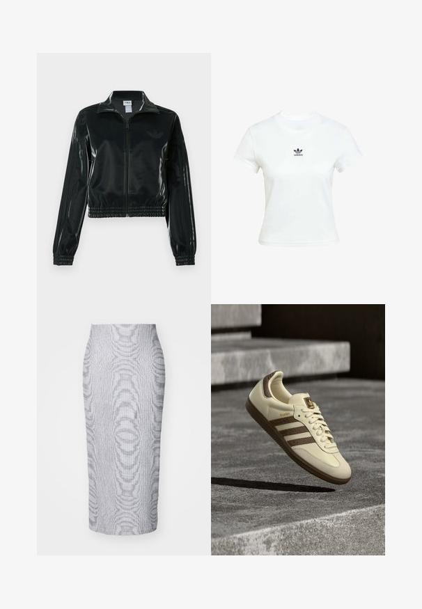 Sort, glinsende cropped jakke med lynlås foran, høj krave og elastisk kant. Har tre striber på ærmerne og et lille logo på brystet.; Hvid bomulds T-shirt med korteærmer og rund hals. Har et sort Adidas-logo trykt på brystet. Simpelt, minimalistisk design.; Grå ribbet midi-nederdel med en tætsiddende silhuet, der har et tekstureret mønster over det hele og en ensfarvet talje for komfort.; Sneaker i cremefarve med brune detaljer, teksturerede sidelommer og en glat læderfinish. Har snøredesign og gummisål.