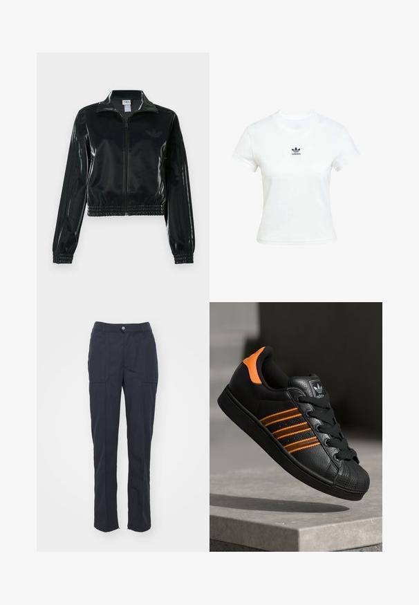 Čierna lesklá skrátená bunda so zipsom vpredu, vysokým golierom a elastickým lemom. Rukávy zdobia tri pruhy a na hrudi je malý logo.; Biela bavlnená tričko s krátkymi rukávmi a okrúhlym výstrihom. Na hrudi je vytlačené čierne logo Adidas. Jednoduchý, minimalistický dizajn.; Tmavomodré nohavice s rovnym strihom, s dvoma prednými vreckami, gombíkovým zapínaním a hladkou tkaninou.; Čierne tenisky s oranžovými akcentami, tromi horizontálnymi pruhmi, textúrovaným koženým zvrškom, gumovým ochranným vankúšikom na prstoch a čiernymi šnúrkami.
