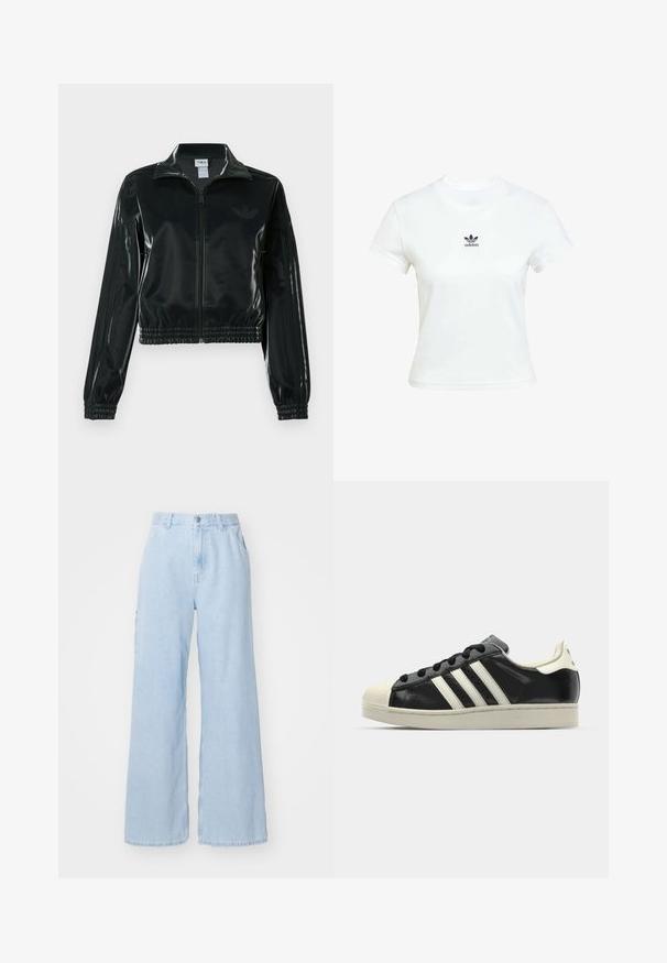 Black glossy cropped jacket with a zip front, high collar, and elasticized hem. Features three stripes on sleeves and a small logo on the chest.; White cotton t-shirt with short sleeves and a crew neckline. Features a black Adidas logo printed on the chest. Simple, minimal design.; Light blue wide-leg jeans made of denim, featuring front pockets, belt loops, and a button closure. Flat texture and clean finish.; Black leather sneaker with white stripes, rubber toe cap, black laces, and a cream-colored outsole. Smooth texture with shiny finish.