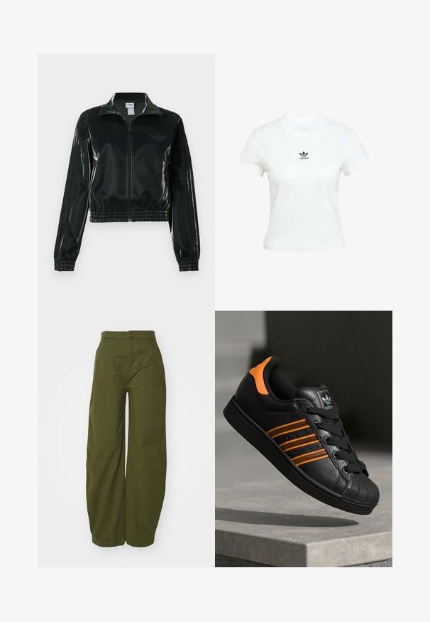 Black glossy cropped jacket with a zip front, high collar, and elasticized hem. Features three stripes on sleeves and a small logo on the chest.; White cotton t-shirt with short sleeves and a crew neckline. Features a black Adidas logo printed on the chest. Simple, minimal design.; Olive green cargo pants made of cotton, featuring a wide-leg design, front pockets, and a button closure at the waist.; Black sneaker with orange accents, three horizontal stripes, textured leather upper, rubber toe cap, and black laces.