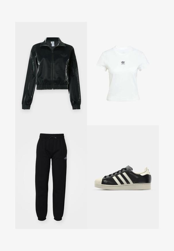 Zwarte glanzende cropped jas met een ritssluiting aan de voorkant, hoge kraag en elastische zoom. Voorzien van drie strepen op de mouwen en een klein logo op de borst.; Witte katoenen T-shirt met korte mouwen en een ronde hals. Voorzien van een zwart Adidas-logo op de borst. Eenvoudig, minimalistisch ontwerp.; The North Face ESSENTIAL JOGGER - Trainingsbroek - black; Zwarte leren sneaker met witte strepen, rubberen teenbescherming, zwarte veters en een crèmekleurige loopzool. Glad oppervlak met een glanzende afwerking.