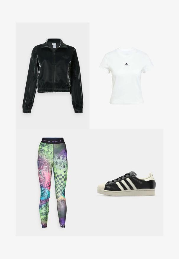 Svart glansig kort jacka med dragkedja framtill, hög krage och elastisk nederkant. Har tre ränder på ärmarna och en liten logga på bröstet.; Vit bomullströja med korta ärmar och rundad halsringning. Har en svart Adidas-logga tryckt på bröstet. Enkel, minimal design.; Färgglada leggings med ett urval av mönster i grönt, rosa och blått med ett svart midjeband märkt "TECHFIT" och olika grafiska motiv.; Svart lädersneaker med vita ränder, gummitåhätta, svarta snören och en krämfärgad sula. Slät textur med blank yta.