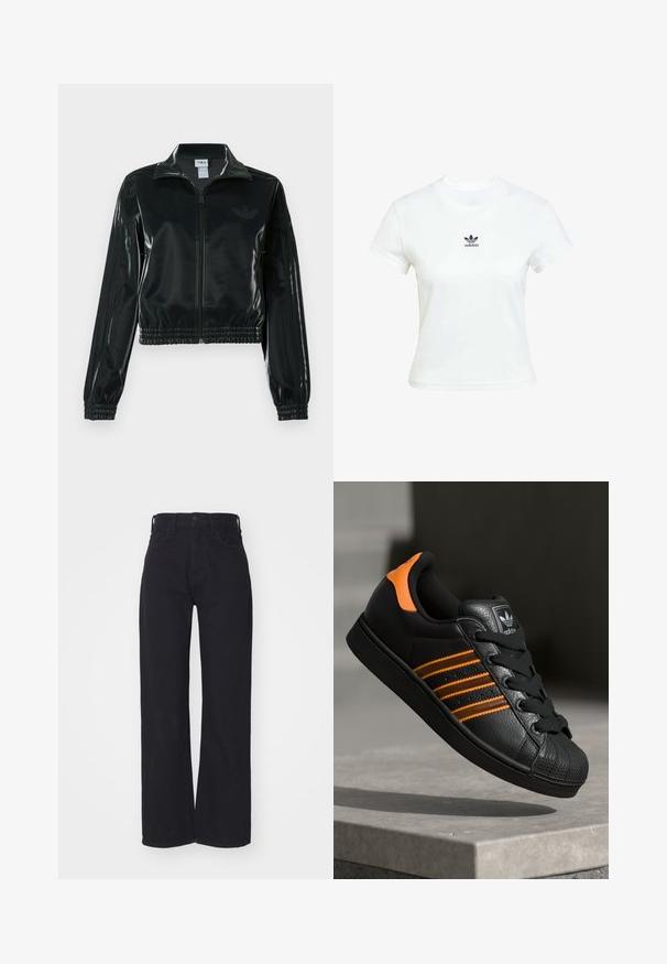 Black glossy cropped jacket with a zip front, high collar, and elasticized hem. Features three stripes on sleeves and a small logo on the chest.; White cotton t-shirt with short sleeves and a crew neckline. Features a black Adidas logo printed on the chest. Simple, minimal design.; Black high-waist wide-leg jeans with front button and zip closure, belt loops, and two front pockets on a white background.; Black sneaker with orange accents, three horizontal stripes, textured leather upper, rubber toe cap, and black laces.