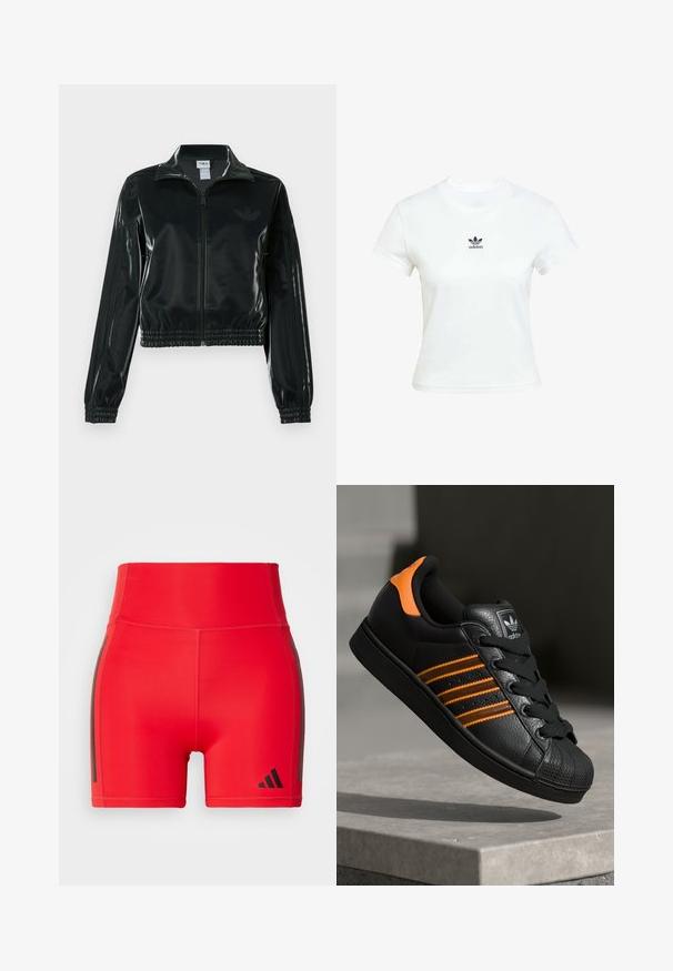 Black glossy cropped jacket with a zip front, high collar, and elasticized hem. Features three stripes on sleeves and a small logo on the chest.; White cotton t-shirt with short sleeves and a crew neckline. Features a black Adidas logo printed on the chest. Simple, minimal design.; Red athletic shorts with a high waistband, made of stretchy material, featuring black side stripes and an embossed logo in the lower corner.; Black sneaker with orange accents, three horizontal stripes, textured leather upper, rubber toe cap, and black laces.