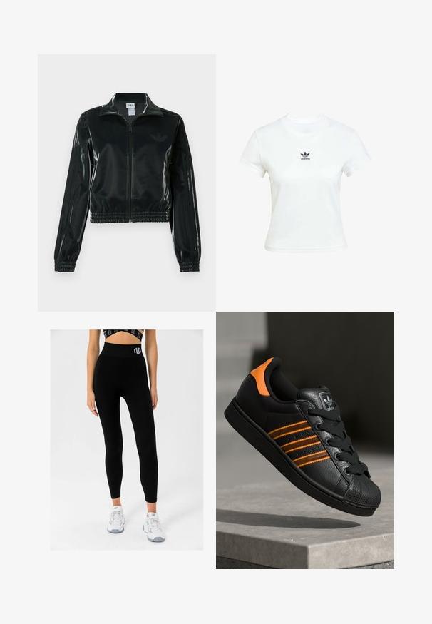Zwarte glanzende cropped jas met een ritssluiting aan de voorkant, hoge kraag en elastische zoom. Voorzien van drie strepen op de mouwen en een klein logo op de borst.; Witte katoenen T-shirt met korte mouwen en een ronde hals. Voorzien van een zwart Adidas-logo op de borst. Eenvoudig, minimalistisch ontwerp.; Zwarte geribde leggings met een hoge tailleband met een logo, gecombineerd met witte sneakers, die een strakke pasvorm en zachte textuur tonen.; Zwarte sneaker met oranje accenten, drie horizontale strepen, bovenwerk van textuurlak, rubberen neuzen en zwarte veters.