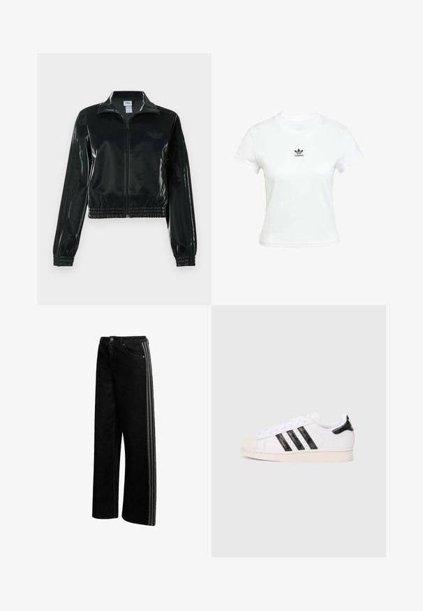 Black glossy cropped jacket with a zip front, high collar, and elasticized hem. Features three stripes on sleeves and a small logo on the chest.; White cotton t-shirt with short sleeves and a crew neckline. Features a black Adidas logo printed on the chest. Simple, minimal design.; Black denim wide-leg pants with contrast side stripes, button closure, and classic five-pocket design. Smooth texture, no visible patterns.; White sneaker with black textured stripes and accents; features a rubber toe cap, flat laces, and cushioning around the ankle.
