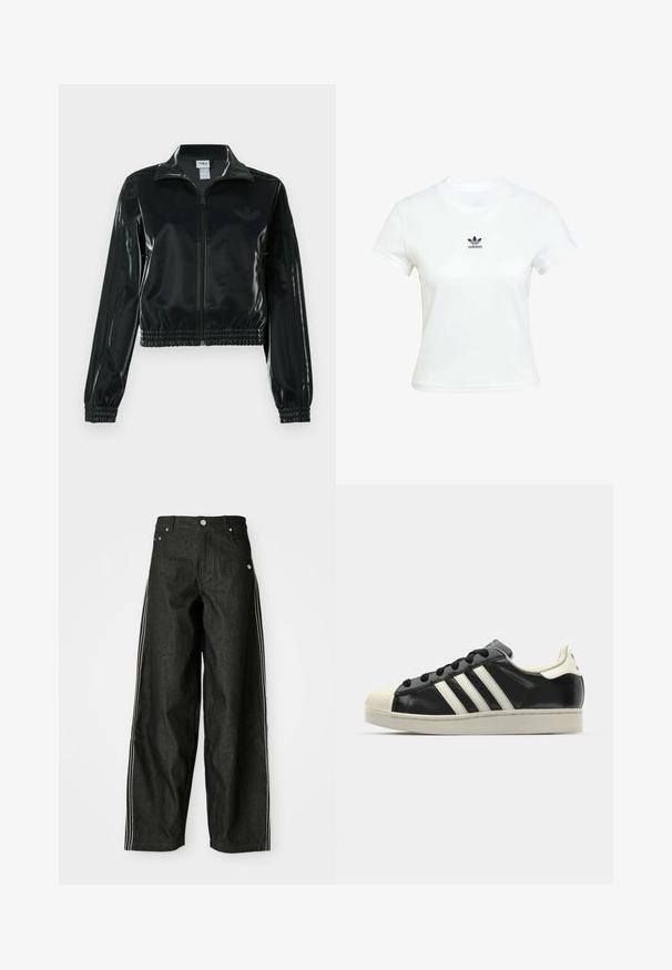 Černá lesklá zkrácená bunda se zipem vpředu, vysokým límcem a elastickým lemem. Má tři pruhy na rukávech a malé logo na hrudi.; Bílá bavlněná tričko s krátkými rukávy a kulatým výstřihem. Na hrudi se nachází černé logo Adidas. Jednoduchý, minimalistický design.; Černé denimové kalhoty s širokými nohavicemi a bílými bočními pruhy, s předními kapsami, zapínáním na knoflíky a decentním logem poblíž pasu.; Černé kožené sneakers s bílými pruhy, gumovou špičkou, černými tkaničkami a krémovou podešví. Hladký povrch s lesklým finišem.