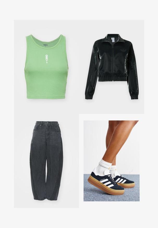 Črno, sijočo kratko jakno z zadrgo spredaj, visokim ovratnikom in elastičnim spodnjim robom. Na rokavih so tri črte, na prsih pa majhen logotip.; Ribana mint zelena kratka majica s okruglim izrezom. Na prednjem dijelu se nalazi bijeli logo "OBEY" centriran. Tkanina ima mekan, teksturiran izgled.; Ohlapne črne denim hlače z izbledelim zaključkom, petimi žepi, zapiranjem z gumbom na pasu in šivanim detajlom spredaj ter ob straneh.; Črni antilop superge z belimi črtami in poudarki, okrogel prst, gumijasti podplat, kombinirane z belimi rebrastimi nogavicami.