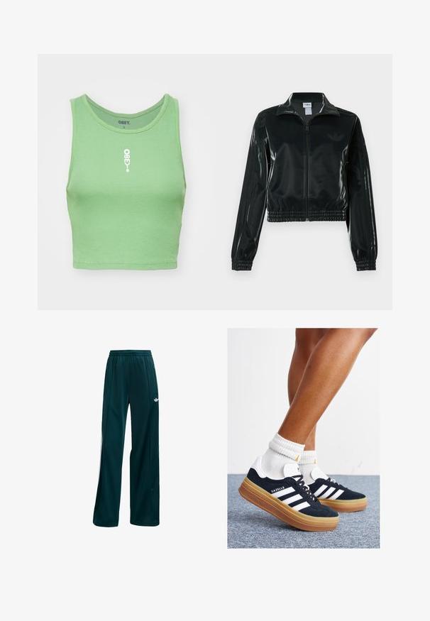 Casaco curto preto brilhante com fecho de correr frontal, gola alta e bainha elástica. Apresenta três riscas nas mangas e um pequeno logotipo no peito.; Top cropped em verde menta com efeito canelado e decote redondo. Apresenta um logótipo branco "OBEY" centrado na parte frontal. O tecido tem uma aparência suave e texturizada.; Calças atléticas em azul-escuro feitas de um tecido leve, com um design simples, cintura elástica e detalhes laterais brancos.; Ténis de camurça preta com riscas e detalhes brancos, biqueira arredondada, sola em borracha cor de goma, combinados com meias brancas caneladas até à altura do tornozelo.