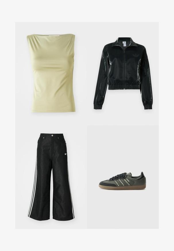 Black glossy cropped jacket with a zip front, high collar, and elasticized hem. Features three stripes on sleeves and a small logo on the chest.; Light green sleeveless top made of smooth fabric, featuring a round neckline and a fitted silhouette with subtle side seams.; Black wide-leg denim pants with three white stripe accents on each side and a small white logo. Features front pockets and a button closure.; adidas Originals SAMBA OG - Trainers - core black/legend earth/gum