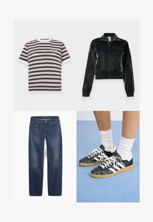 Casaco curto preto brilhante com fecho de correr frontal, gola alta e bainha elástica. Apresenta três riscas nas mangas e um pequeno logotipo no peito.; T-shirt de manga curta às riscas castanhas e brancas com decote redondo e um pequeno logótipo no peito. Feito de material de algodão suave.; Calças de ganga azul escuro com corte de perna direita. Apresentam fecho de botão, cinco bolsos e um desvanecimento subtil no tecido.; Sapatilhas de couro preto com riscas brancas, biqueira redonda, atacadores brancos e sola de borracha de goma. Destacadas pelo colarinho acolchoado e detalhes de marca.